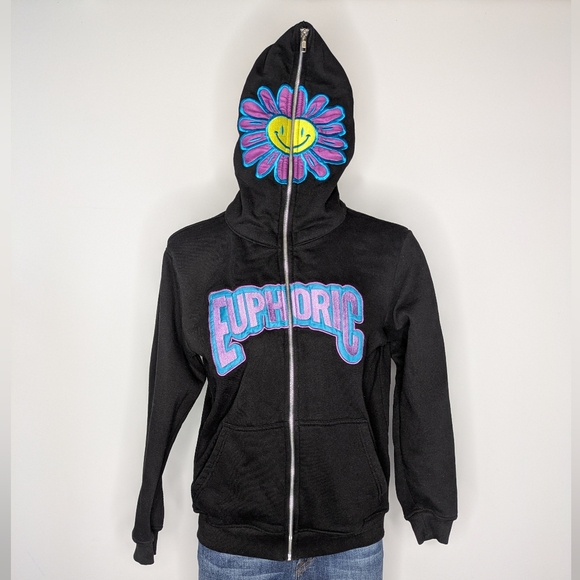 Euphoric 777 Black Purple Happy Face Flower Full Zip Heavy Hoodie Sweatshirt M